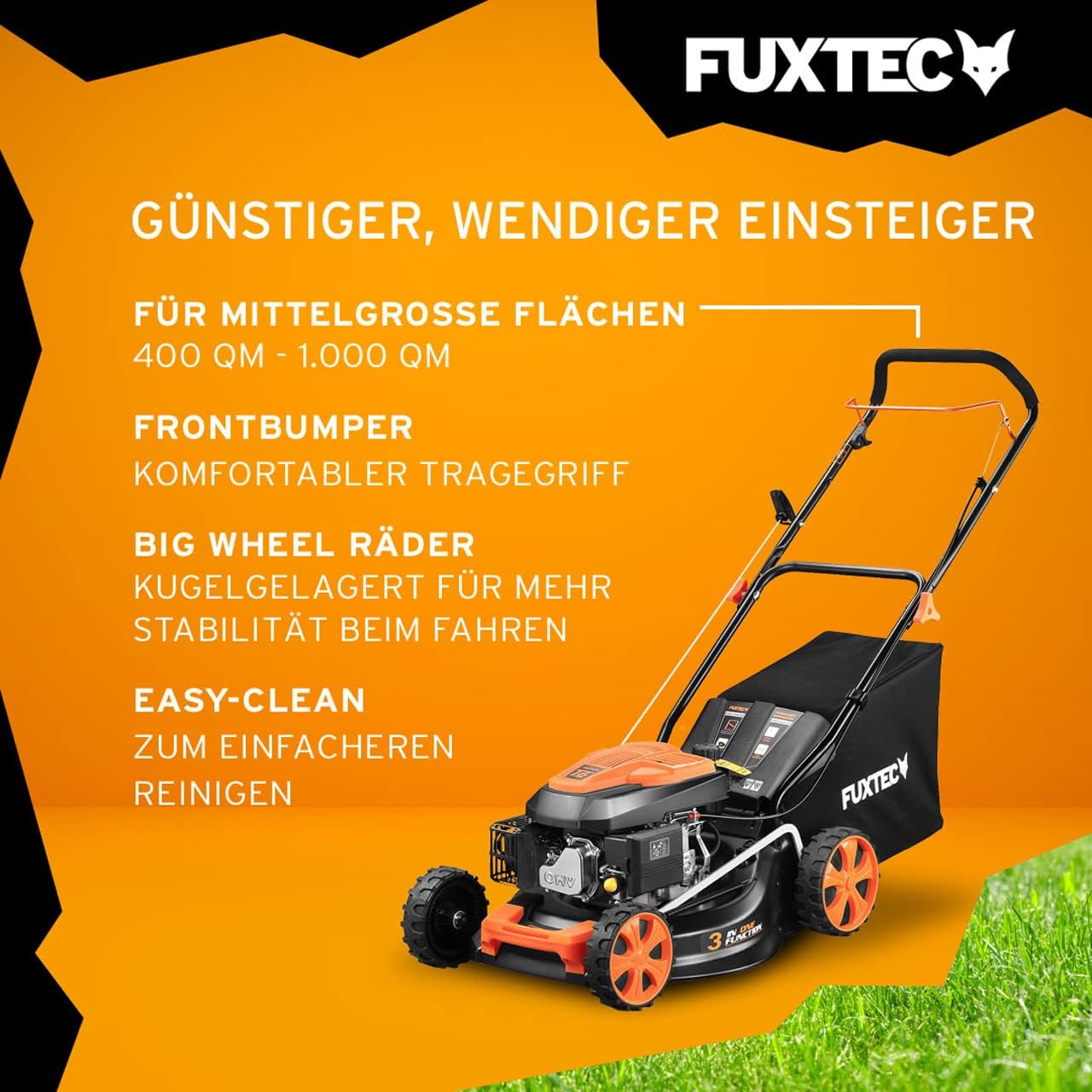 FUXTEC 3in1 Benzin Rasenmäher FX-RM4646ECO mit Frontbumper, leichtgewichtiger Gartenmäher mit Edge-Cut, 46 cm Schnittbreite, starker 4-Takt-Motor, Heckauswurf, Big Wheel Räder, 50L Grasfangkorb