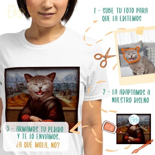 Camiseta feminina Mascochula, estampa da Mona Lisa personalizada com seu animal de estimação, azul marinho