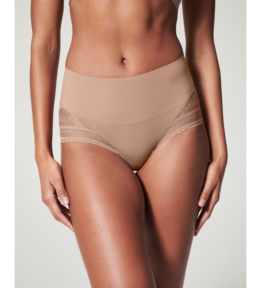 Calcinha de cintura alta SPANX com renda marrom