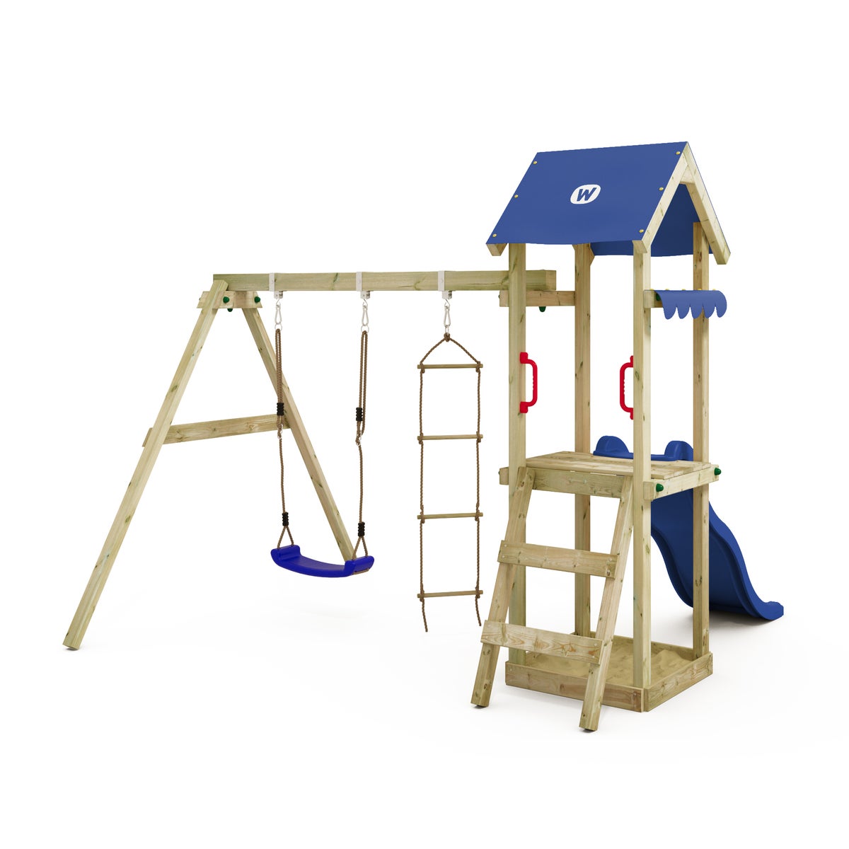 WICKEY TinyCabin Speeltoren Klimrek met Schommel en Glijbaan, Klimtoren met Zandbak, Ladder en Speelaccessoires - Blauw
