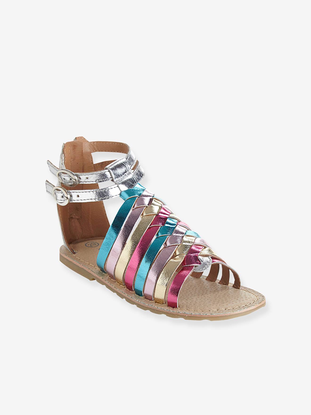Sandálias de couro prateadas e multicoloridas para meninas