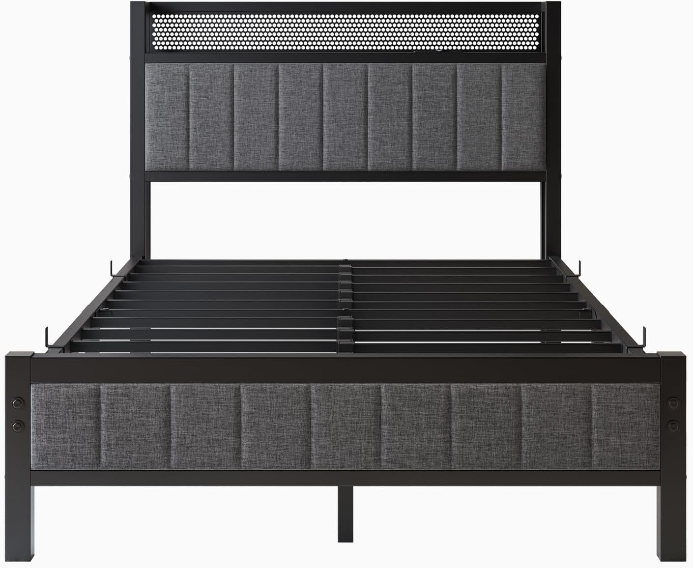 Bettrahmen mit Ladestation Doppelbett/Einzelbett Gästebett Metallbett Polsterbett 120x200 Bettgestell aus Metall,Jugendbett mit Lattenrost Kopfteil in Grau,für Schlafzimmer Gästezimmer