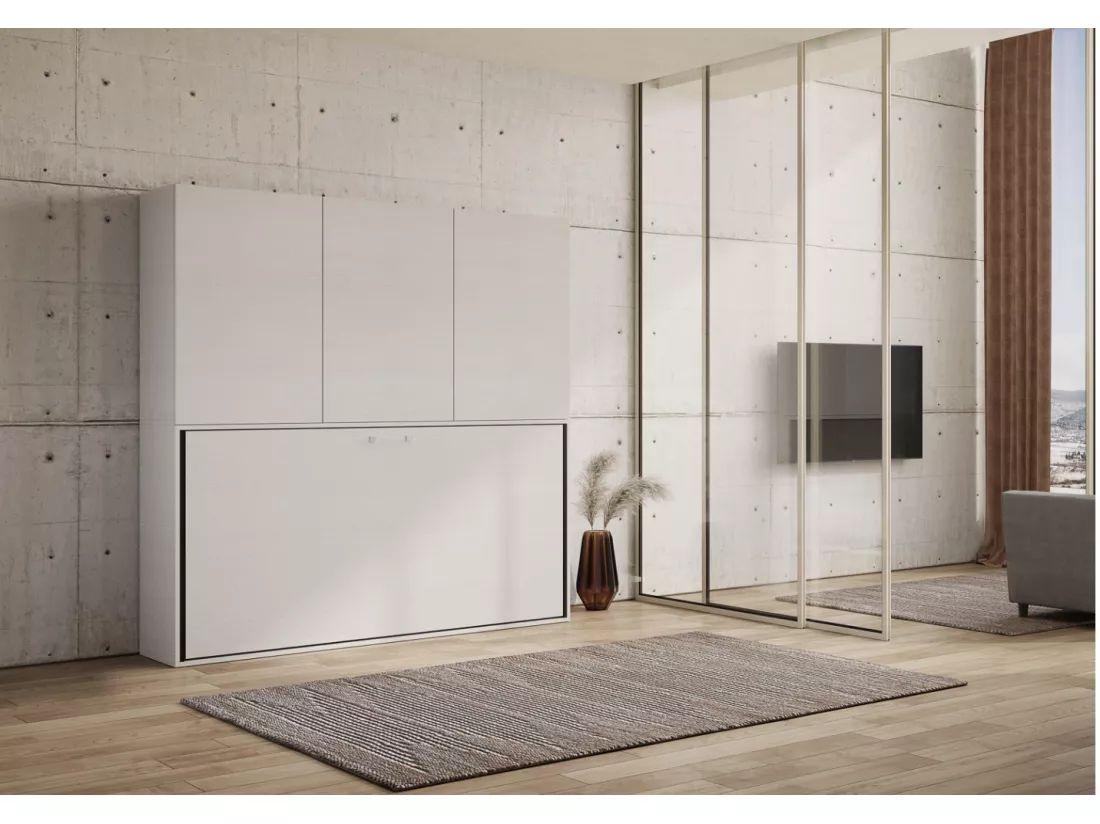 Lit escamotable horizontal blanc Bounto 85x185 avec rangement et bibliothèque composition D-1 matelas 85x185