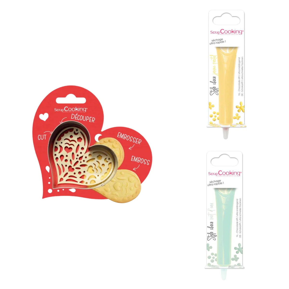 Kit pour biscuit en relief Coeur + 2 Stylos au chocolat jaune pastel e