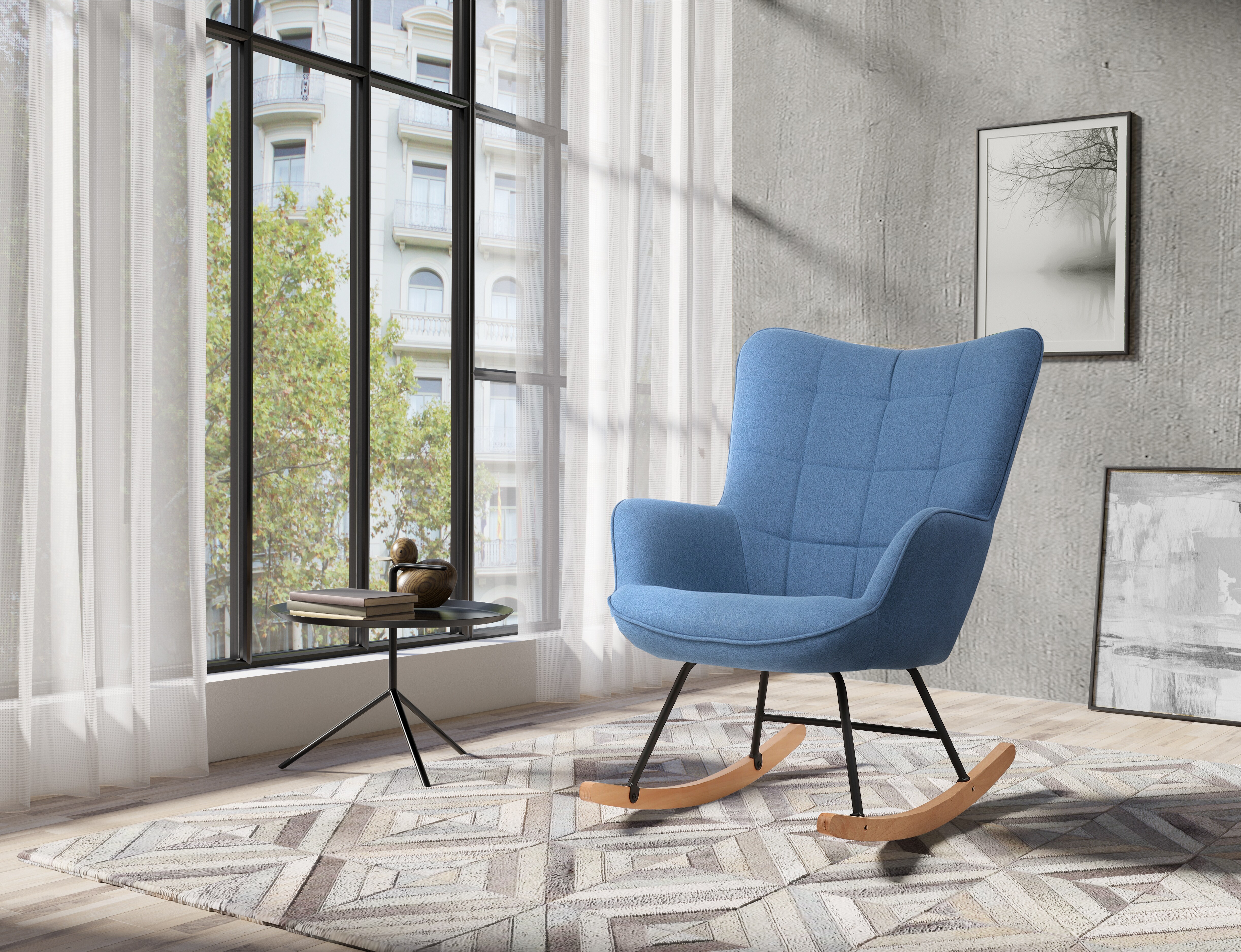 byLIVING Schaukelstuhl RICHIE, Webstoffbezug blau, Gestell Metall schwarz