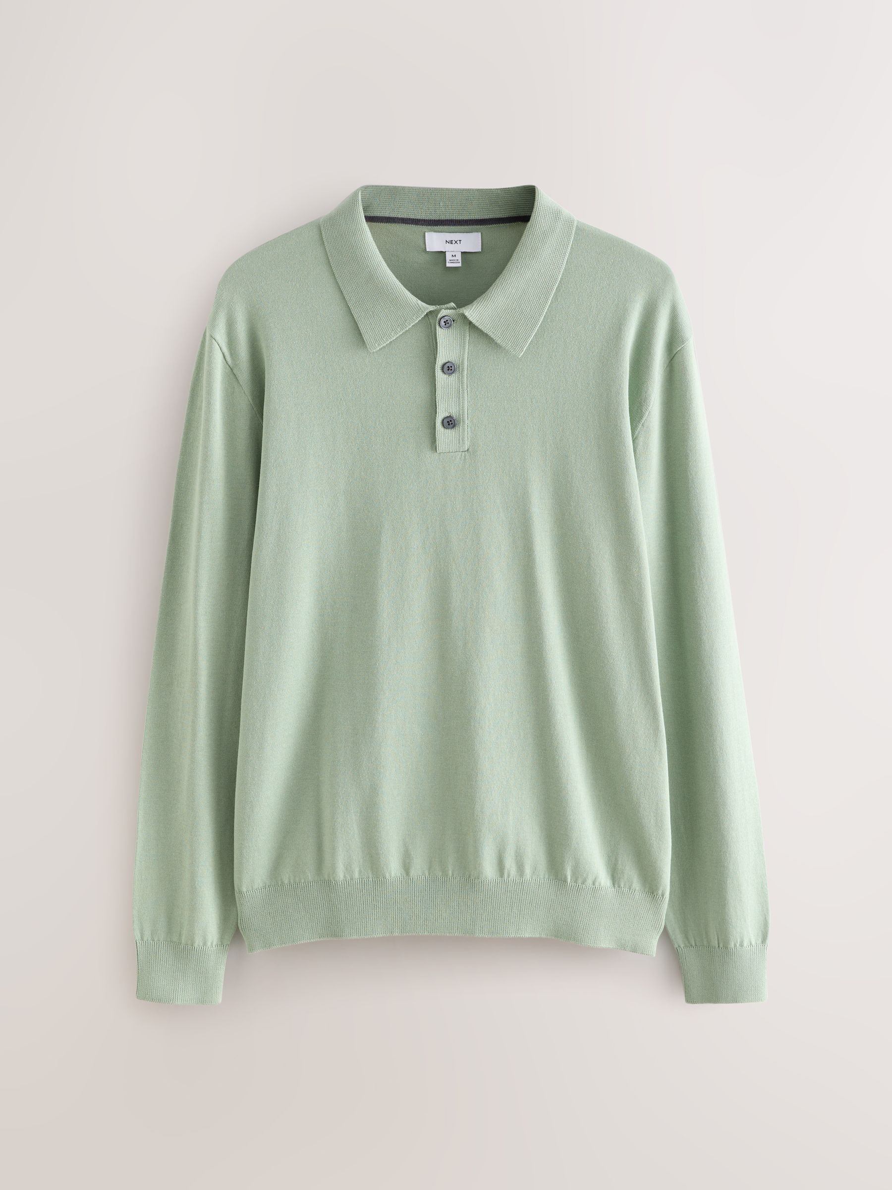 Grijs-groen - Normale Pasvorm - Katoenrijk gebreid poloshirt met lange mouwen