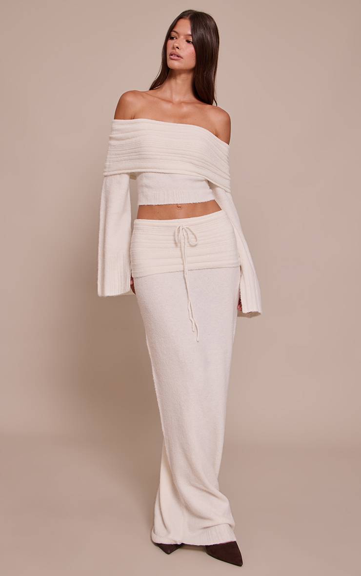 Crème Jupe Maxi En Maille Côtelée Douce À Taille Repliée