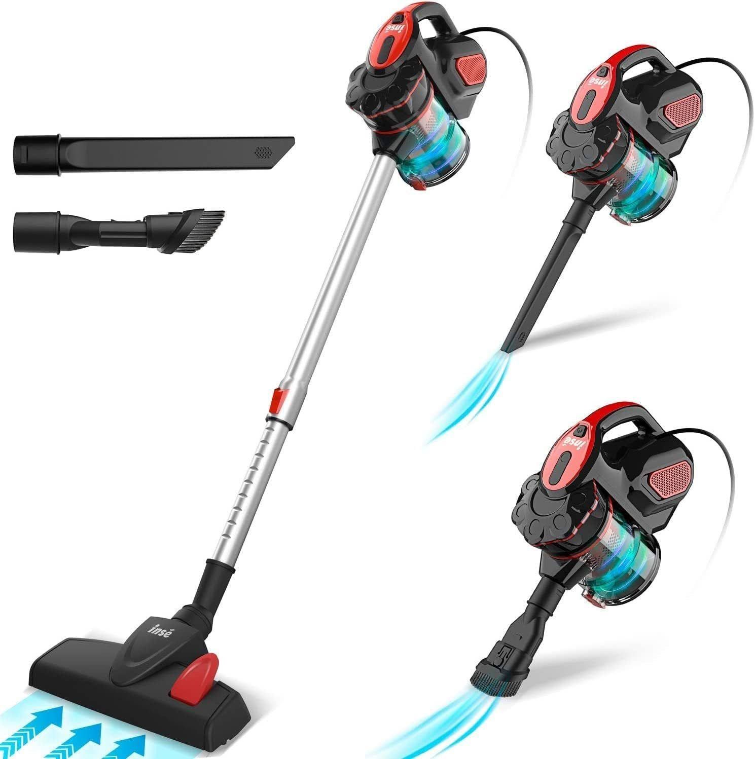 INSE Stielstaubsauger i5, 6-in-1 Handstaubsauger mit 6m Kabel,600 W, Klein, leicht und leise, Rot