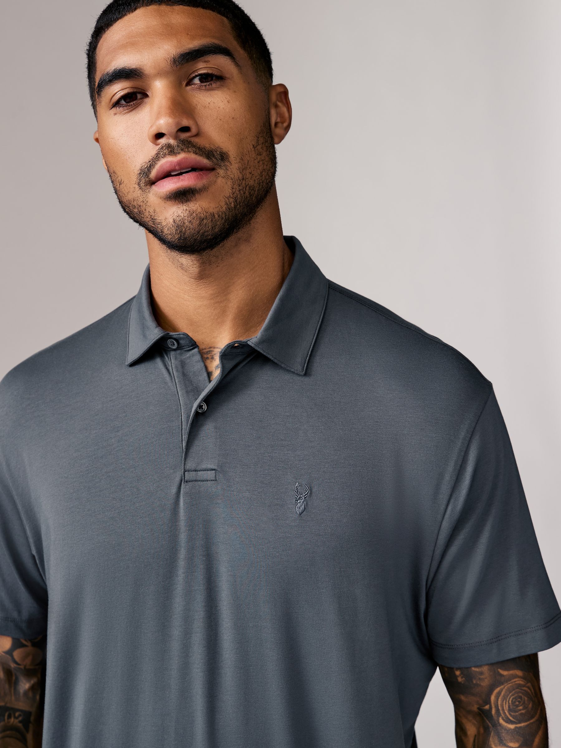 Marineblauw/bruin/grijs/wit/saliegroen - Normale Pasvorm - Set van 5 jersey poloshirts met korte mouwen