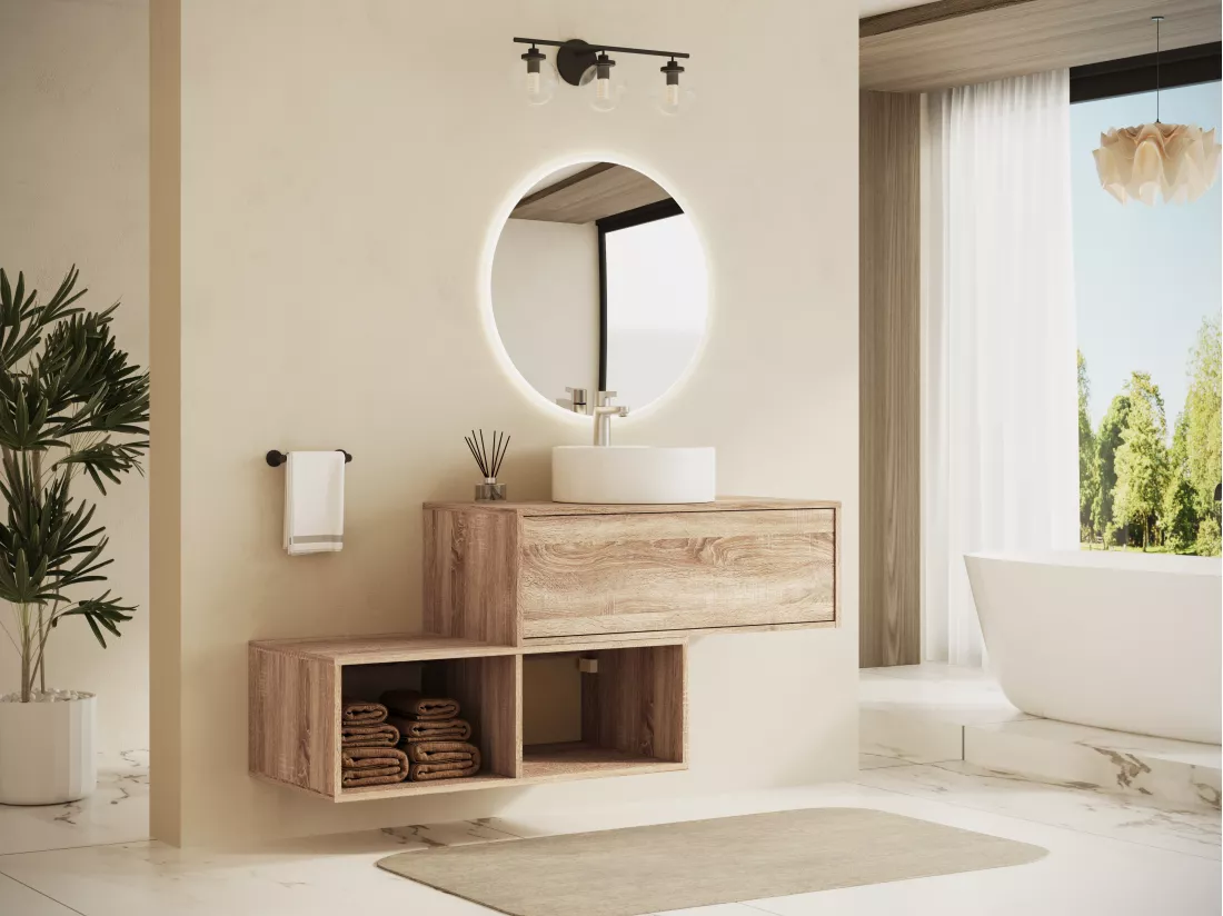 Meuble de salle de bain suspendu naturel clair avec vasque ronde - 1 tiroir et 2 niches - 94 cm - TEANA II