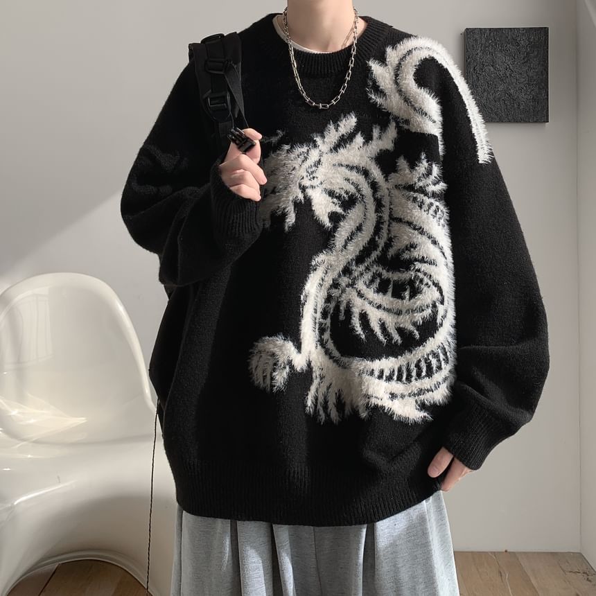 Breeson - Oversized trui met ronde hals en drakenprint