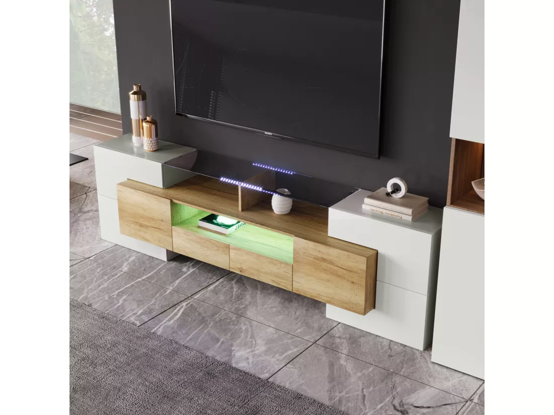 Meuble TV - 200x38x48cm LED brillant blanc et gris - finition verre - 6 portes de rangement 2 tiroirs 3 compartiments - coloris
