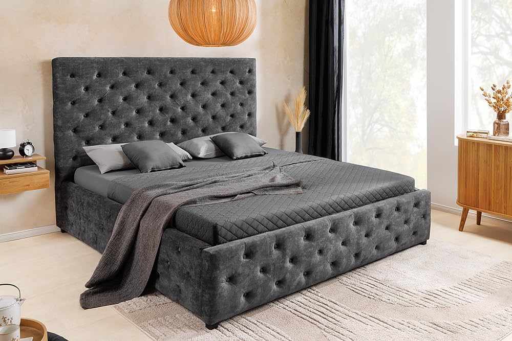 Riess Ambiente Boxbett Paris - 180x200cm - grau - Samt Stauraum Chesterfield Design Bettkasten Bett mit Rückenlehne