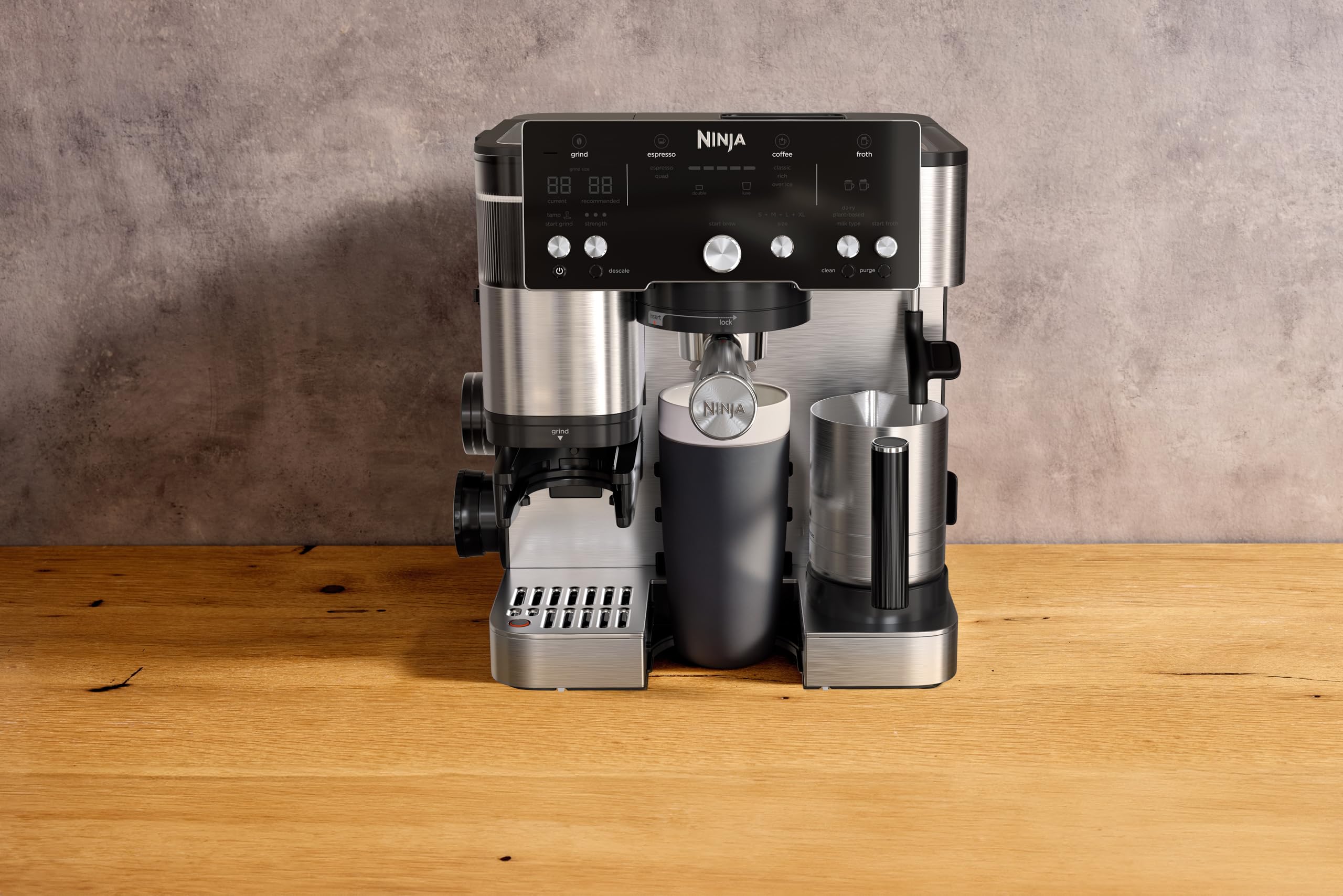 NINJA Machine à café Luxe Essential 2-en-1, Latte, Cappuccino et Espresso avec broyeur à grains et mousseur à lait intégrés, facile à utiliser, 2 prér