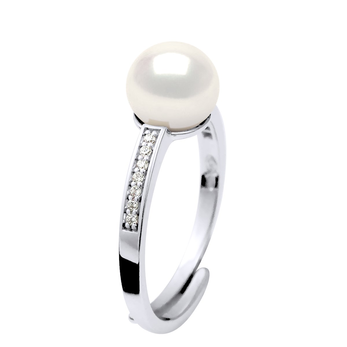 Bague Ajustable Perle d'Eau Douce 7-8 mm Blanche et Oxydes de Zirconium Argent 925
