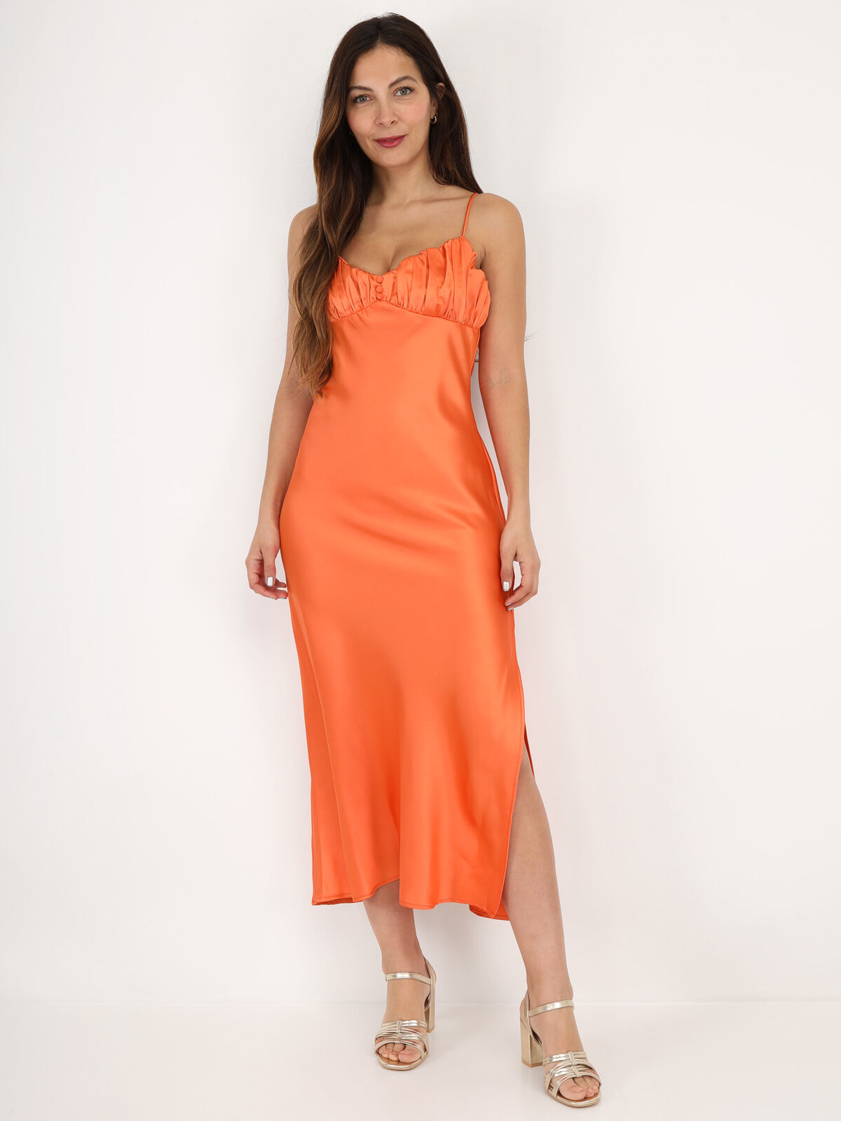 Robe satinée style corset froncé- orange