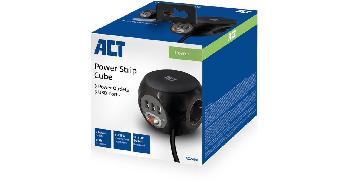 ACT ConnectivityStekkerdoos cube met 3 stopcontacten, USB-A-poorten, 1,5m stekkerdoos  (Zwart)