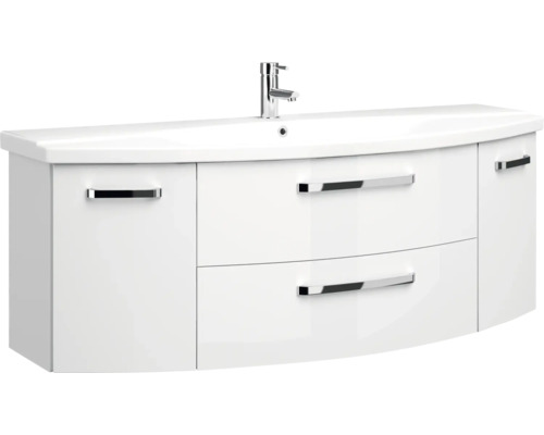 3-delige badkamermeubelset Pelipal xpressline 4010 BxHxD 144 x 200 x 49,5 cm, fronten hoogglans wit, met witte keramische wastafel en keramische spoelbak, badmeubel, spiegelkast met LED-verlichting, chromen grepen, 4010.1400109 40101400109