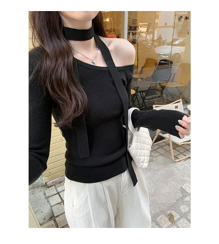 Rosesand - Lange mouwen, blote schouders, effen, slim-fit gebreide top met sjaal