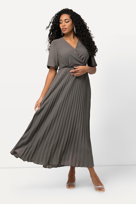Maxikleid, Plissee, Wickeloptik, V-Ausschnitt, Halbarm
