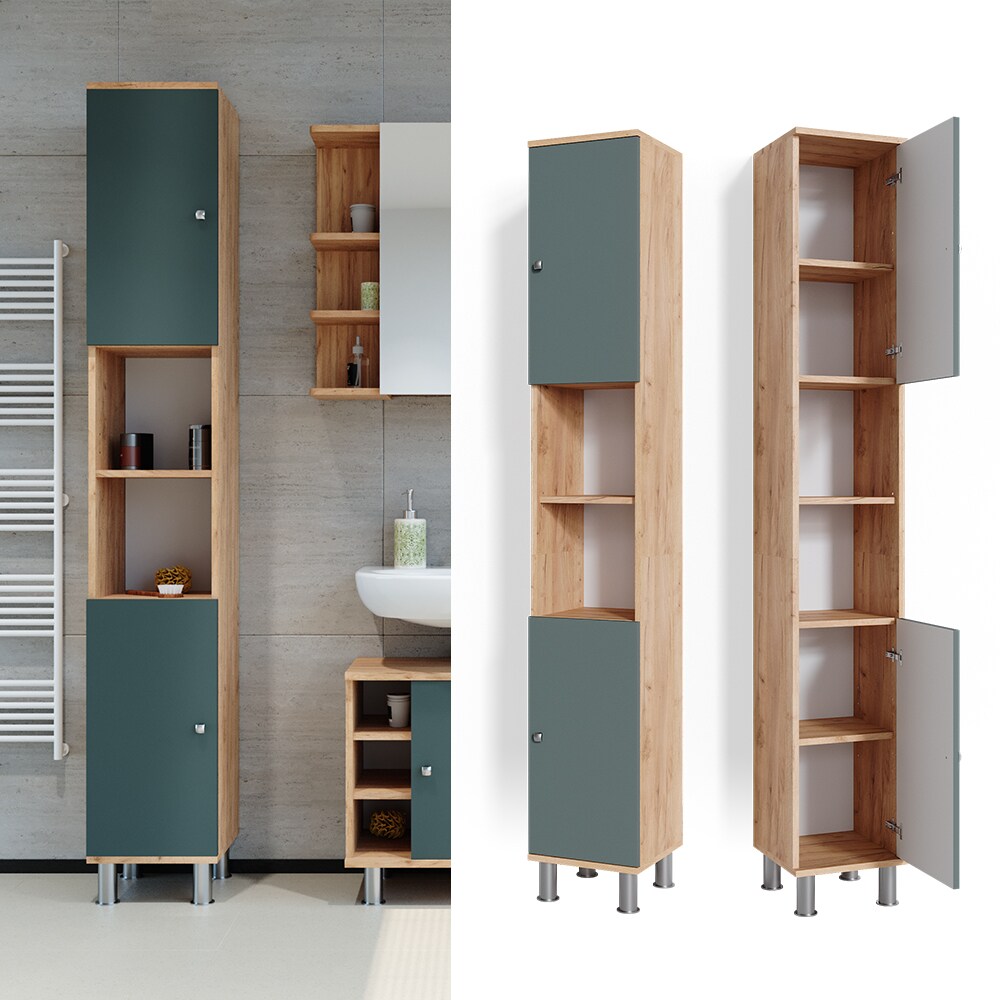 Vicco Hochschrank Badschrank Badezimmerschrank Fynn Eiche Grün Badmöbel 190 x 30
