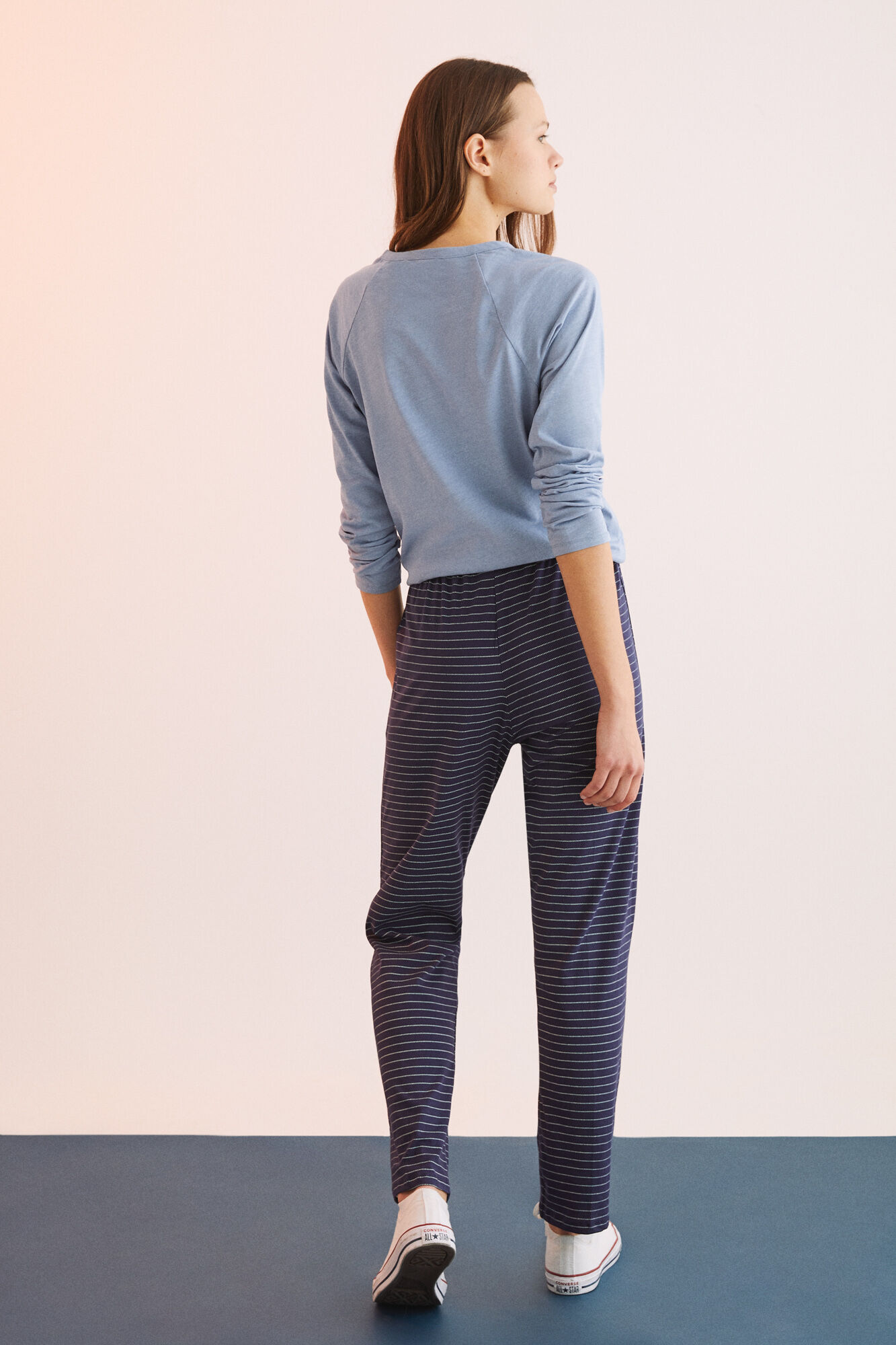 Calça comprida 100% algodão com estampa de listras - Azul
