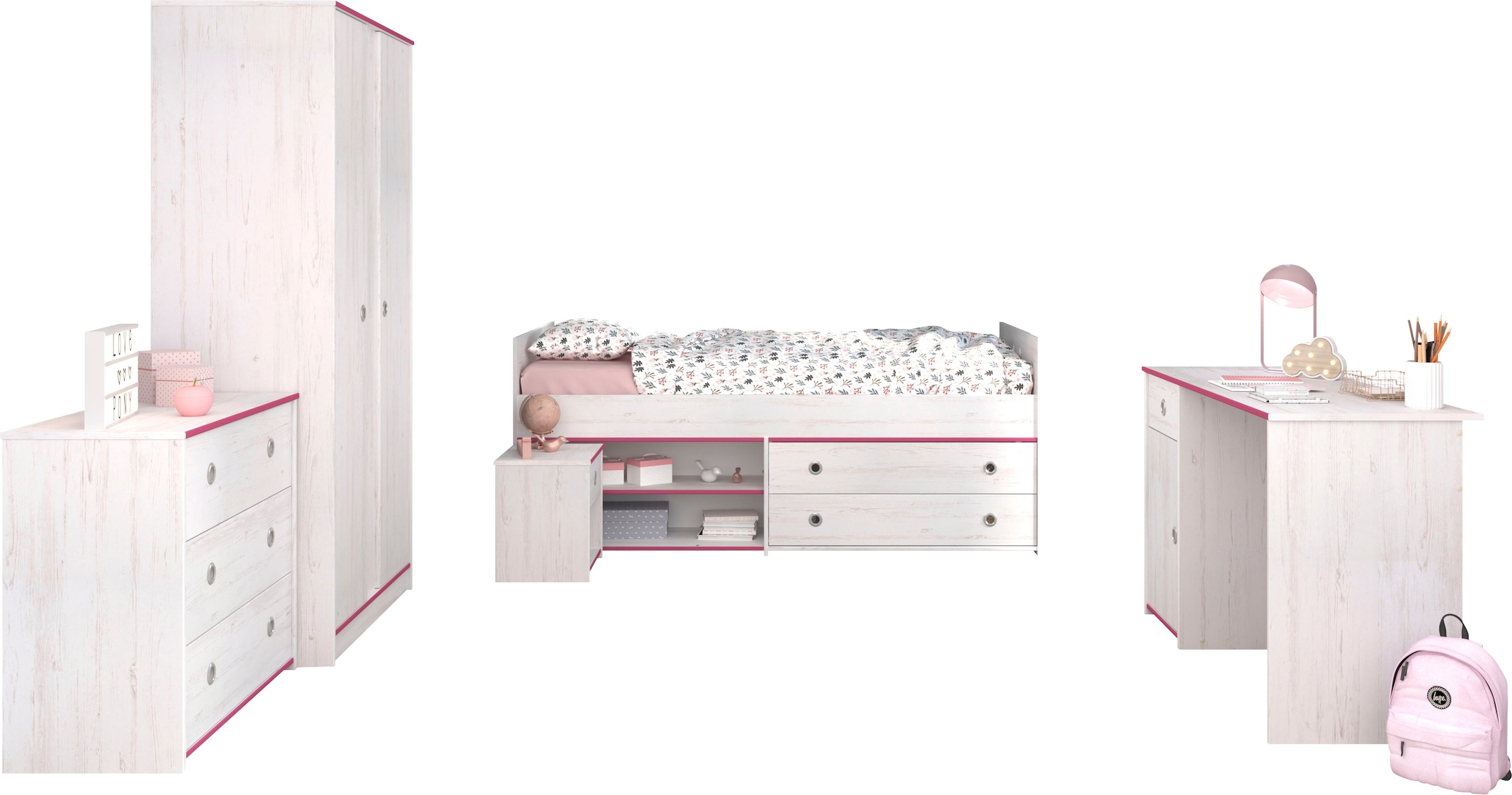 Parisot Jugendzimmer-Set »Smoozy« Set, Stauraumbett, Nachttisch, Kleiderschrank, Schreibtisch und Kommode, 5 Stk. tlg.