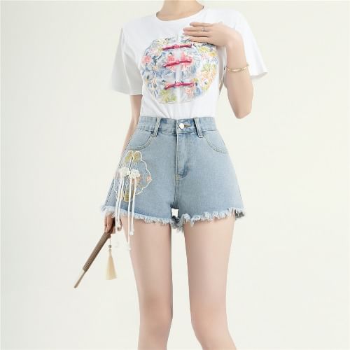 Dragan Pulse - Gewassen denim shorts met hoge taille en borduurwerk