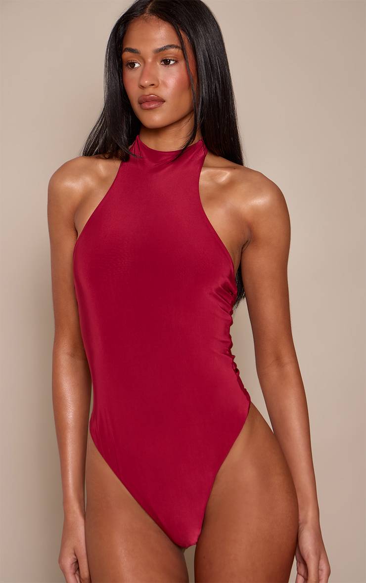 Rouge Vin Ensemble Body Grand Col Nageur En Jersey Slinky