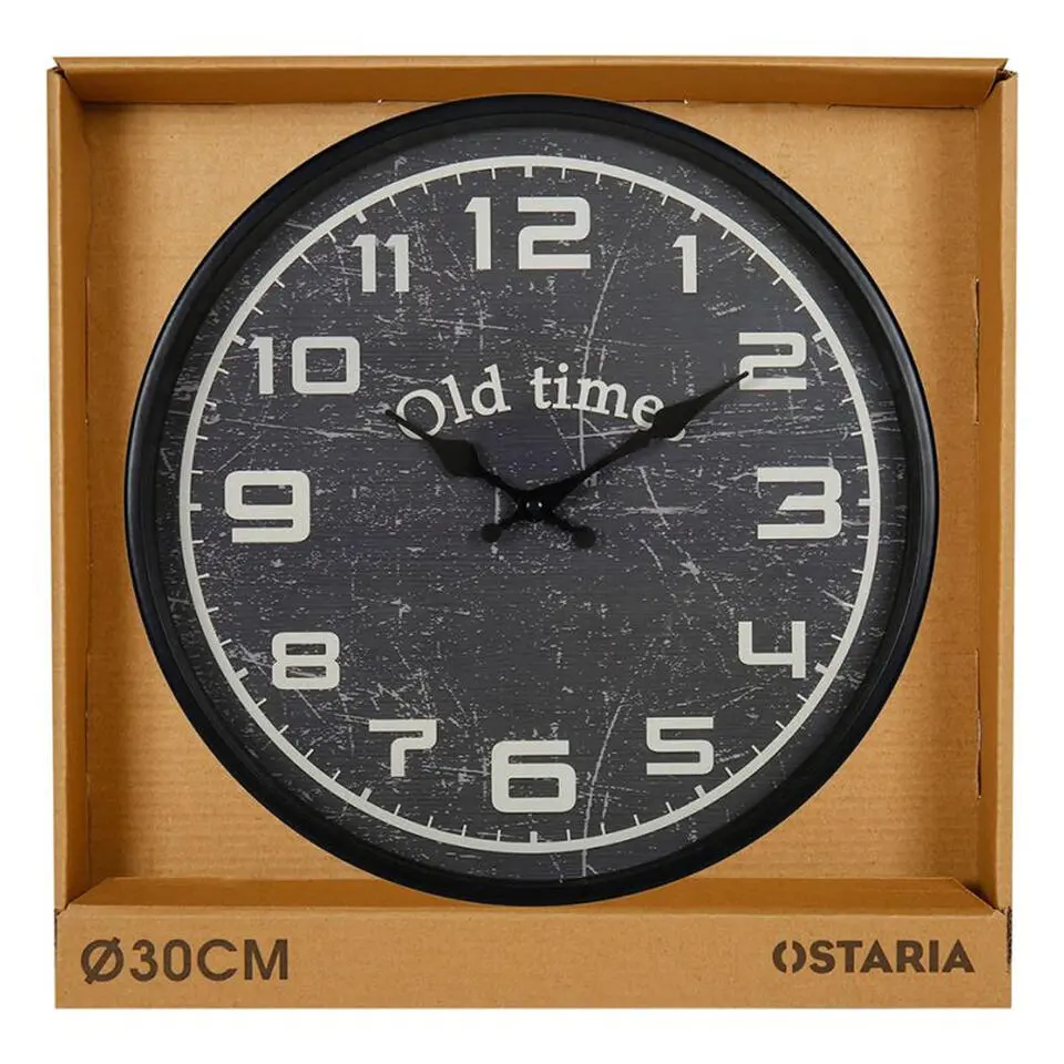 Ostaria Wandklok/muur klok - Old Times - D30 cm - metaal - zwart