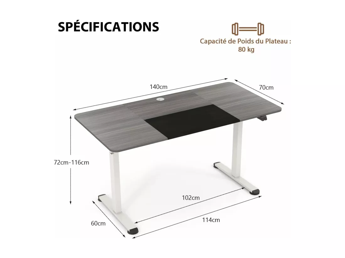 Bureau Assis Debout 70 x 140 cm, Bureau Électrique Réglable en Hauteur avec Mono-Moteur et Panneau à 2 Boutons, Table Réglable Hauteur, Support de Câble, Crochet (Gris Foncé)