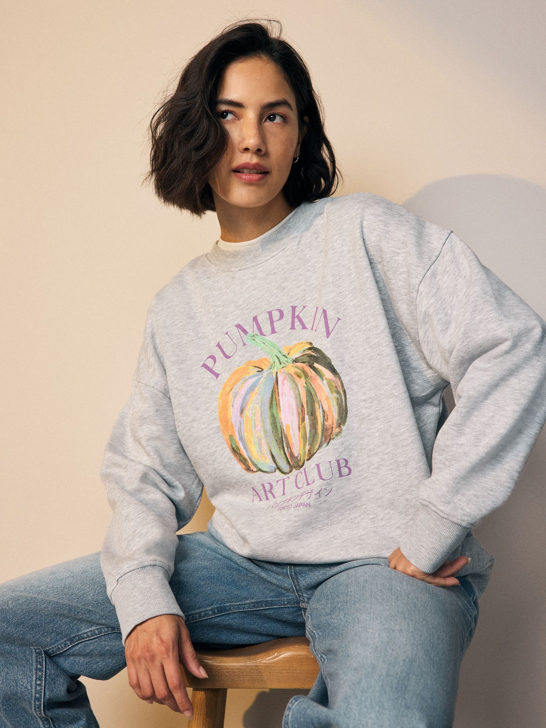 Grijs gemêleerd - Graphic Halloween Autumnal Season Painted Pumpkin Art Crewneck Longsleeve Sweatshirt