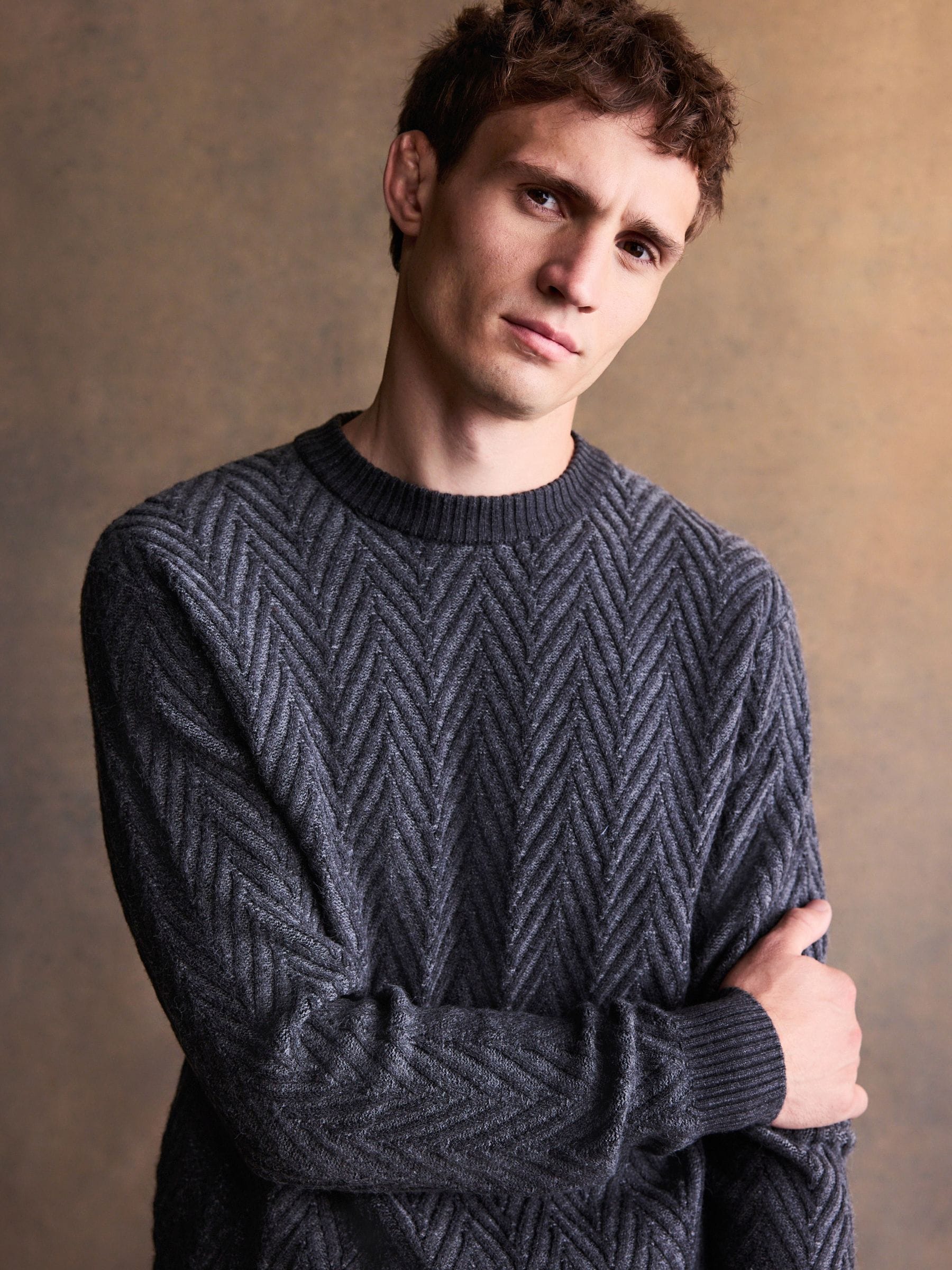 Antraciet - Regular Fit Herringbone Pattern Crew Jumper
