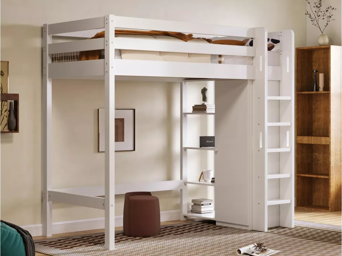 Lit mezzanine 90x200cm en bois massif - avec une armoire et étagères - Blanc
