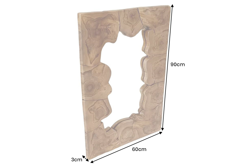 Massiver Spiegel MOSAIK 90cm Teakholz eckig Baumstamm handmade