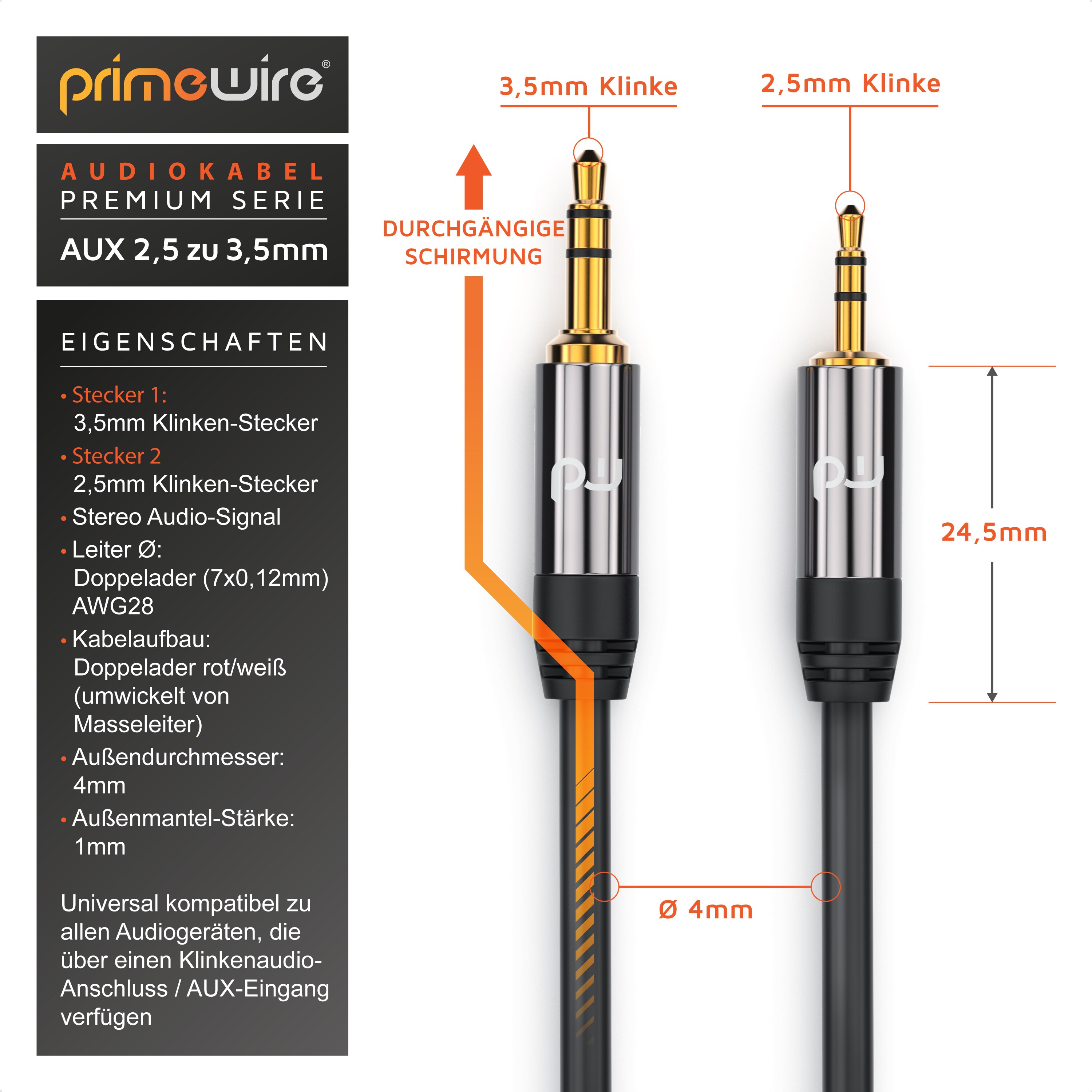 Primewire 2,5-mm-Klinke zu 3,5-mm-Klinke Audio Kabel, AUX, HiFi Audio Adapter Klinkenkabel / Verbindungskabel - 1,5m