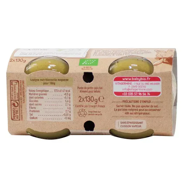 Vegetais orgânicos de ervilha em vaso Babybio +6 meses 2 x 130g