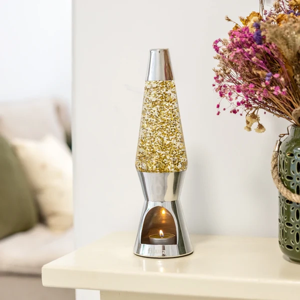 (29cm) T-LIGHT Lava Lampe Kerzen Tischlampe Glitzer Deko Stimmungsleuchte inkl. Teelichter (FI0791) - Gold