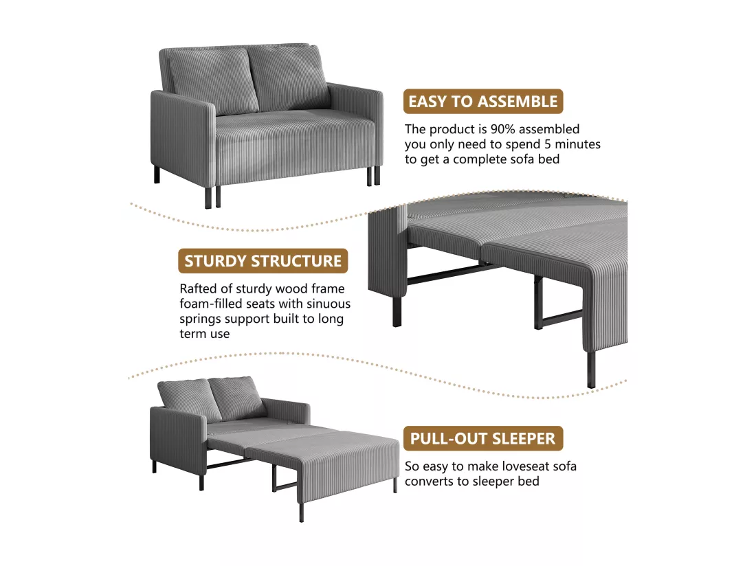 Canape 2 places convertible clic-clac, en Velours côtelé gris, Couchage 170 cm, Matelas 10 cm, pour Studio/Salon/Chambre