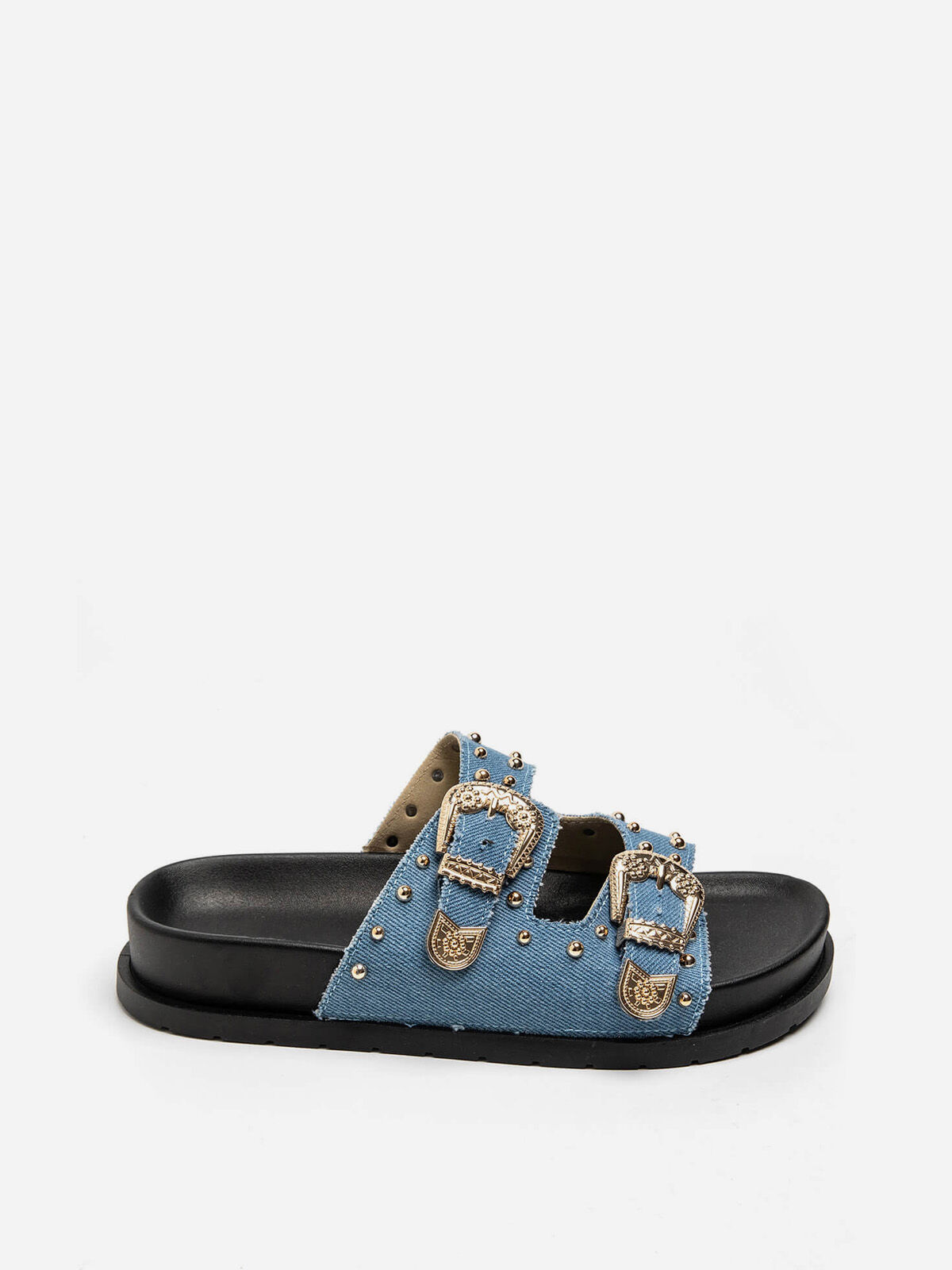 Mules en denim à boucles et clous dorés- Bleu