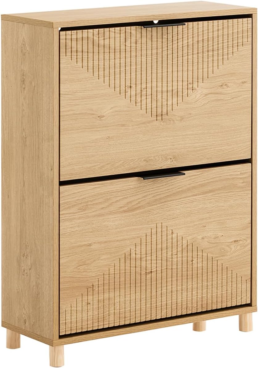 SoBuy Schuhschrank Schmal für Flur, Schuhkipper in Holzoptik, Schuhschrank mit Kippschutz für 8 Paar Schuhe, Schuhregal Geschlossen, Kleine Schuhkommode, Shoe Cabinet B60xH83xT24 cm, FSR200-II-N