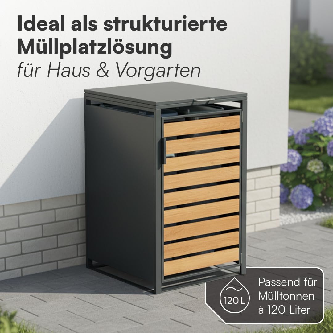 STEELSØN Kestra Mülltonnenbox 1er bis 120L – Mülltonnenverkleidung aus Stahl mit Sichtstreifen in Holzoptik – hochwertiger Müllcontainer für 1 Tonne – Müllbox in Anthrazit – Gerätebox wetterfest