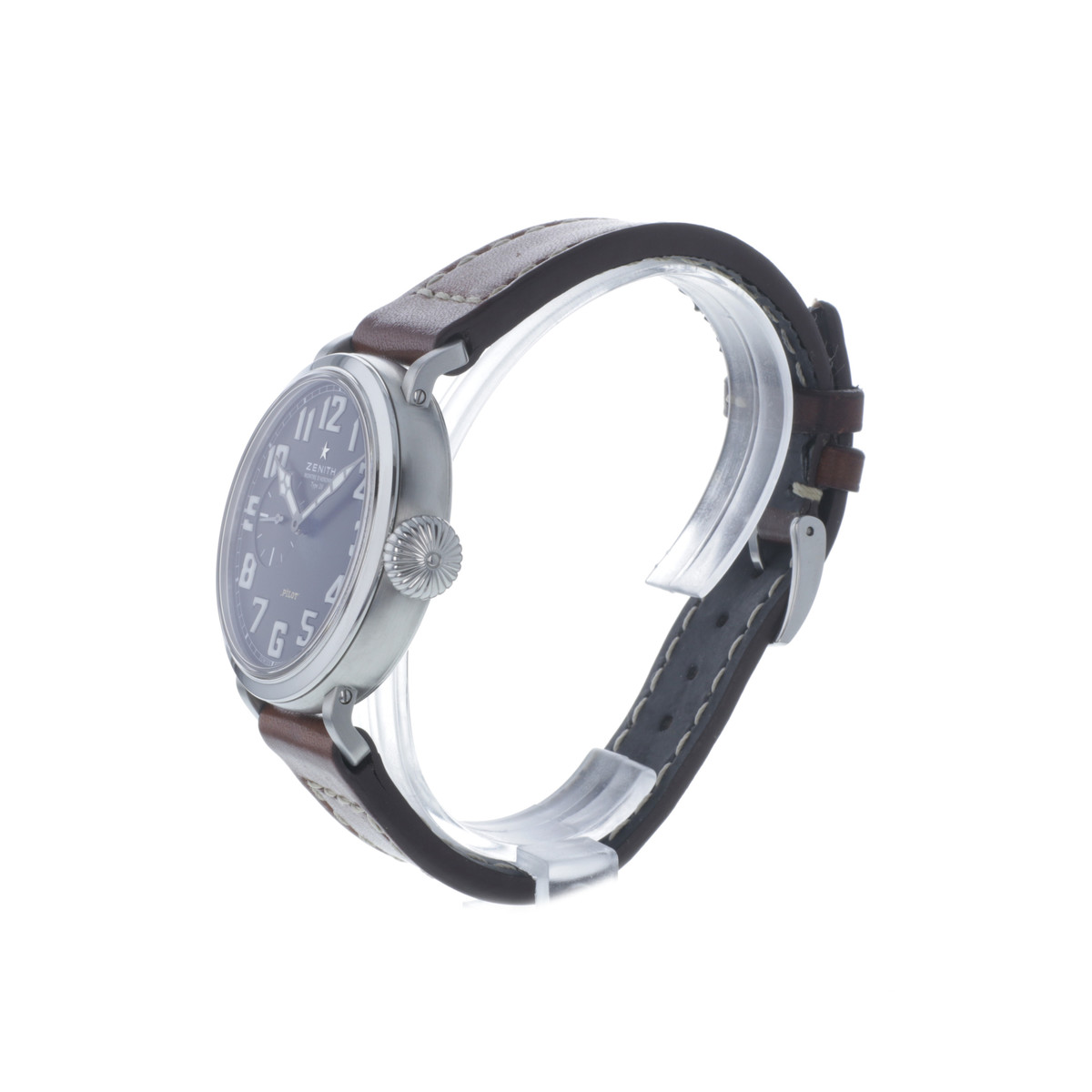 Montre d'occasion Zenith Pilot homme automatique acier bracelet cuir marron