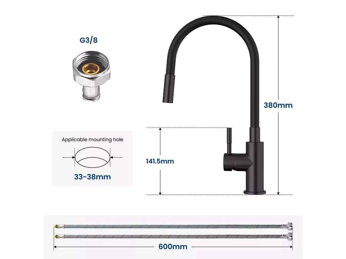 Evier 1 Bac avec Egouttoir, Evier en Quartz et résine Noir 65x45cm + Flexible Mitigeur de Cuisine, 2 Types de Jets Robinet Extractible Noir
