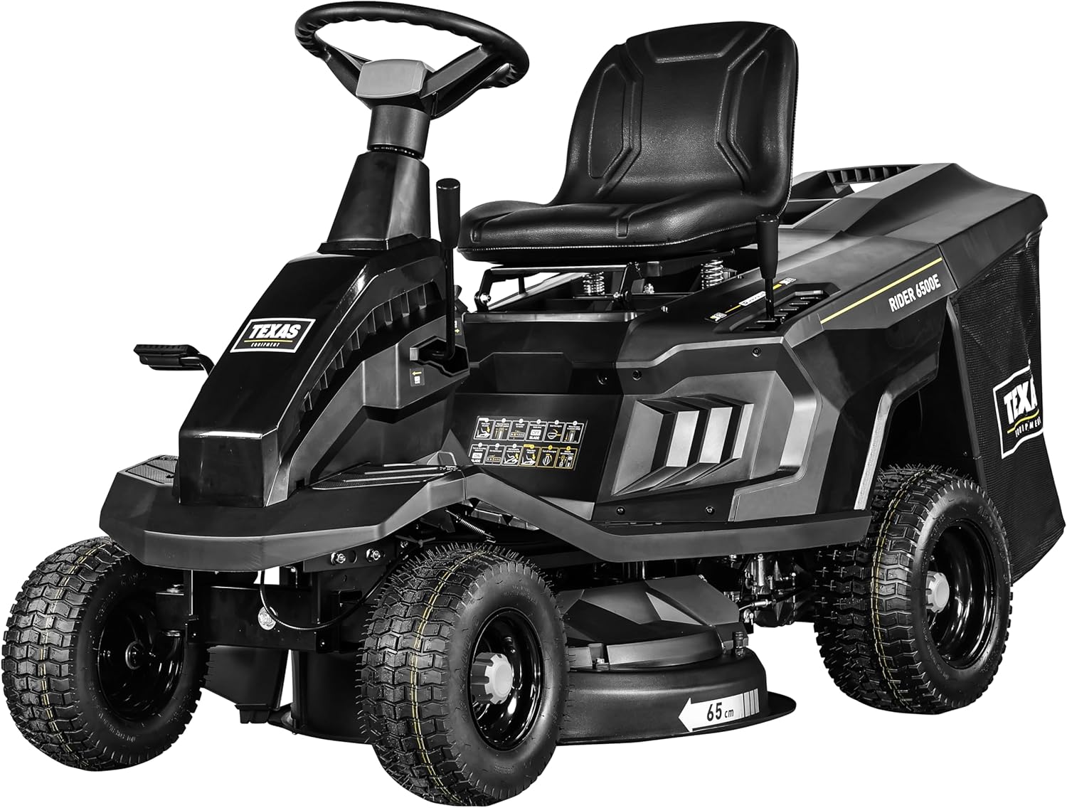 TEXAS Benzin Rasentraktor Aufsitzmäher Rasen Traktor Rasenmäher Traktor Aufsitzrasenmäher Rasenmäher Bulldog Gartentraktor Hochgrasmäher Rider 6500E | 224cm³ | 6PS | 65cm | E-Start | Fangkorb | 4V+1R