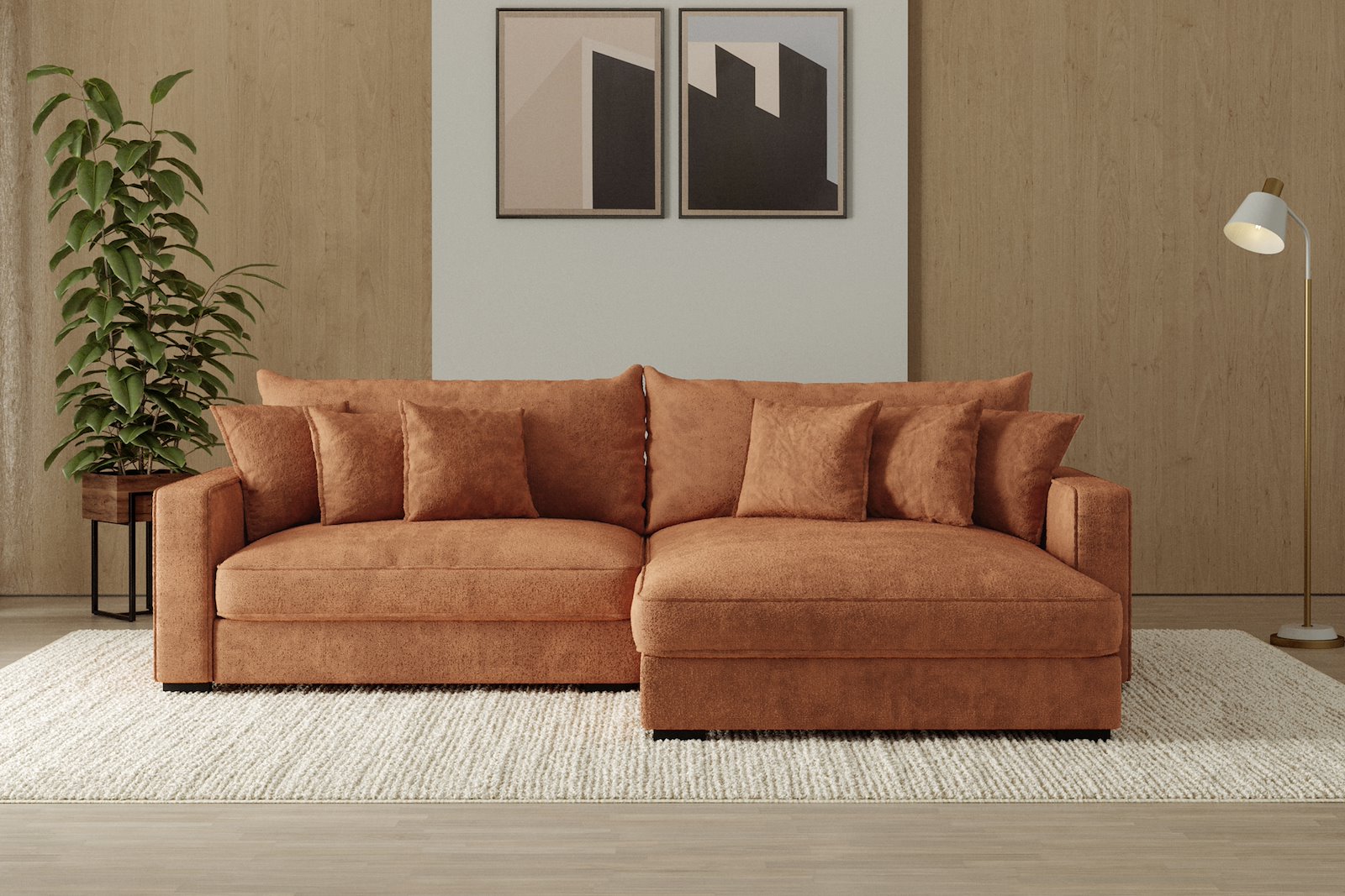Rossi Lux 2-seter med XL sjeselong høyre Tekstil Genesis 9 Deep Terra, arm B med sorte ben. Lux Komfort.