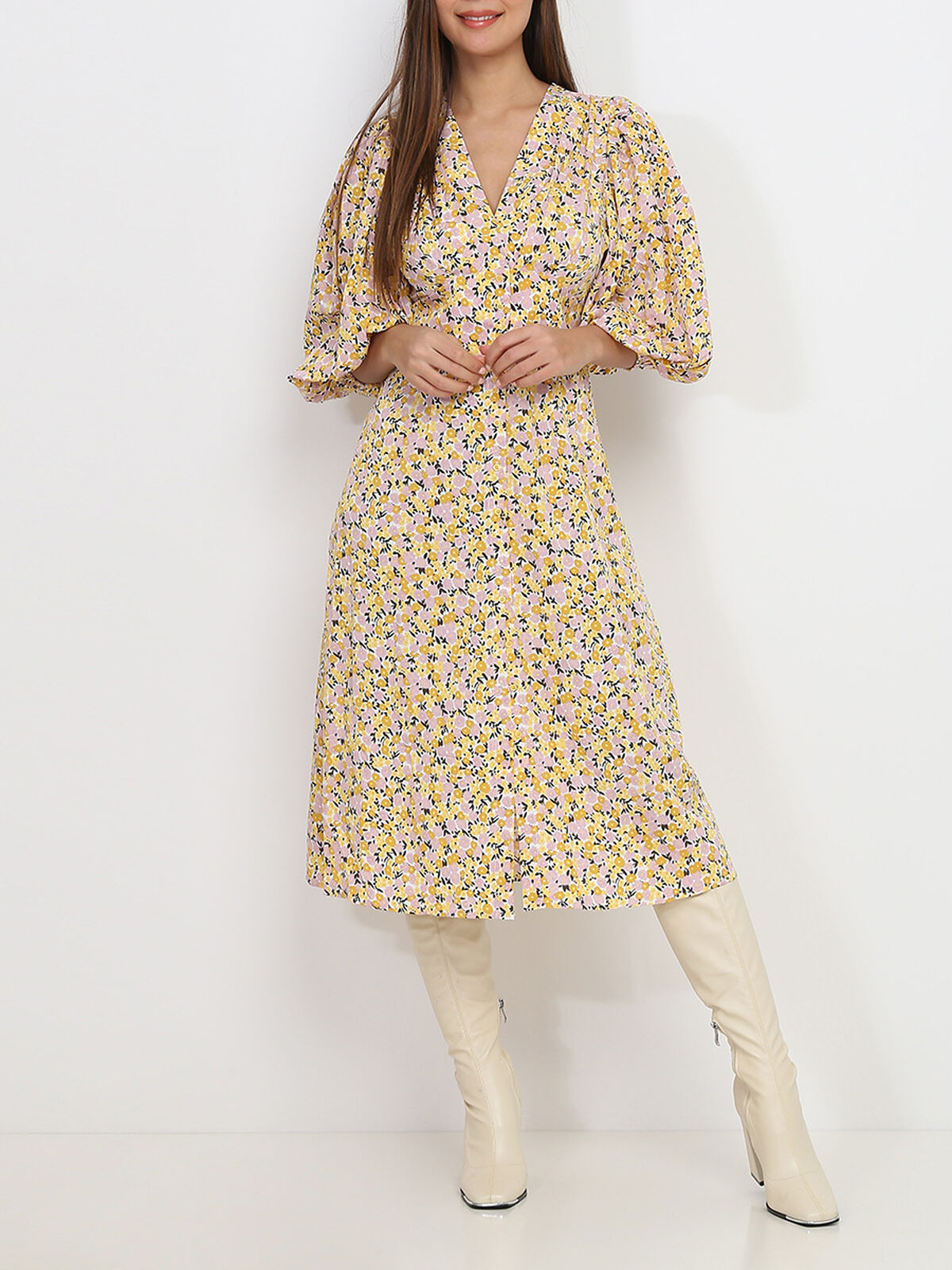 Robe mi-longue fleurie à manches bouffantes- Jaune