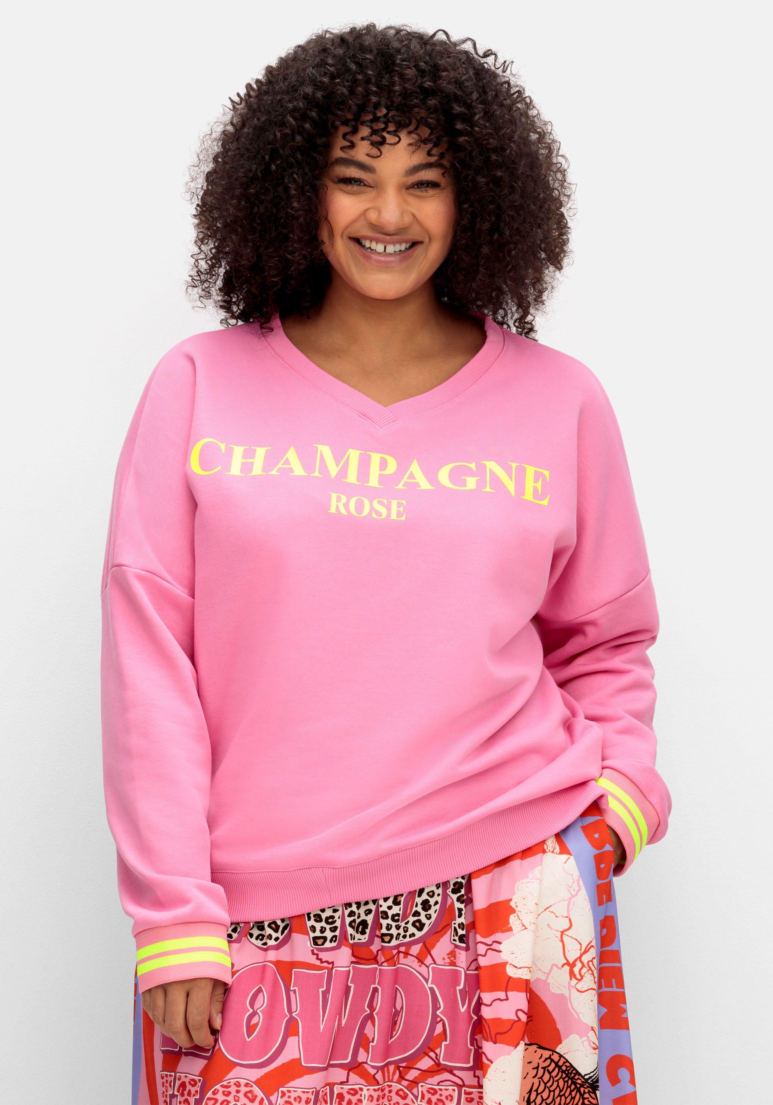 Sweatshirt mit Wordingprint und Streifenbündchen