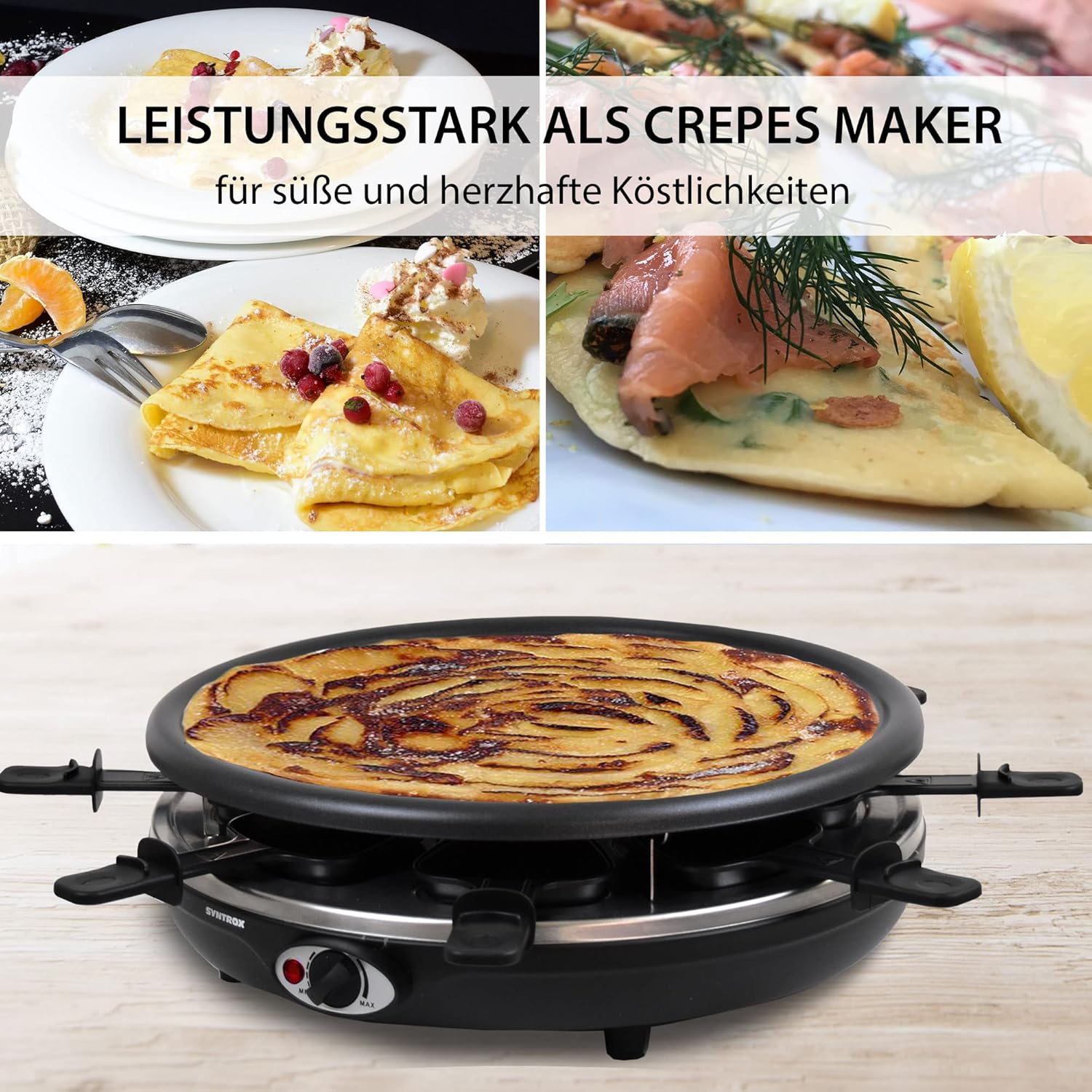 Syntrox Germany 4in1 Raclette mit Fondue für 8 Personen, Tischgrill mit heißem Stein, Pancake- und Crepesplatte, 8 Pfännchen, 1350 W, antihaftbeschichtet, schwarz