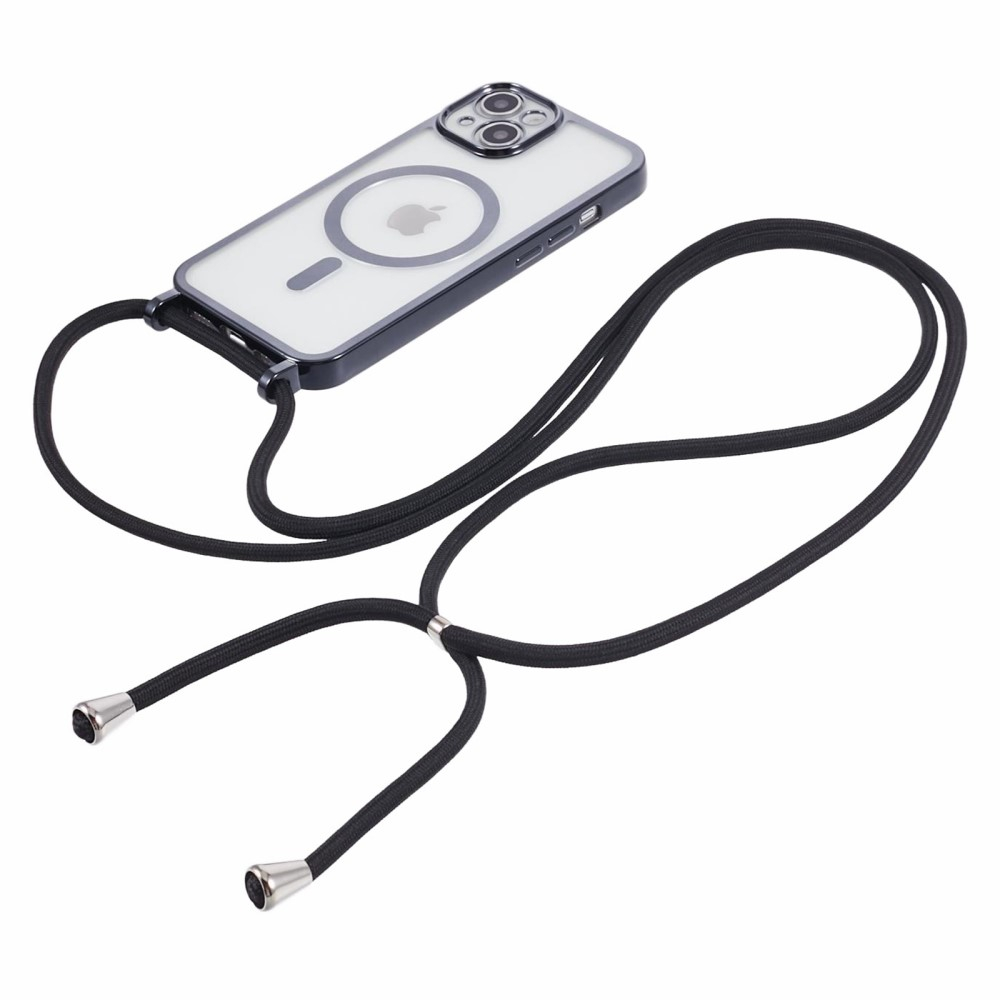 iPhone 15 MagSafe Necklace Gummi Case Hülle Galvanisierter Rahmen mit Handykette (160cm)   Kameraschutz - Schwarz / Transparent